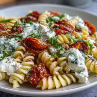 Creamy Caprese Pasta with Burrata: Fresh cherry tomatoes, basil, and silky burrata cheese tossed with al dente pasta for a vibrant, vegetarian main dish.