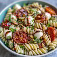 Fresh summer pasta salad with cherry tomatoes, mozzarella, and basil in a vibrant bowl.
