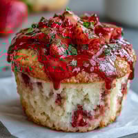 Golden strawberry lemon muffins with fresh berries and a glossy lemon glaze, perfect for a bright spring brunch or breakfast treat.