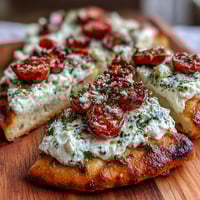 Viral Cottage Cheese Flatbread with pesto, tomato, and fresh basil garnish.