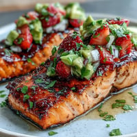 Delicious grilled salmon topped with colorful strawberry avocado salsa.