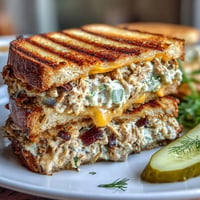 Golden brown crispy tuna melt sandwich oozing with cheese, perfect for lunch.