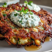 Golden, crispy zucchini fritters topped with feta and a cool yogurt mint sauce.