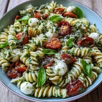 Vibrant Caprese Pasta Salad with juicy tomatoes and creamy mozzarella pearls.
