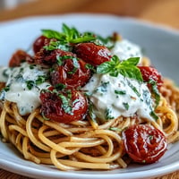 Summer Caprese Pasta with Burrata, showcasing juicy tomatoes and creamy cheese.